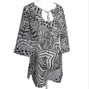 Trina Turk Black & White Silk Cotton Abstract Tropical Pattern Tunic Top S